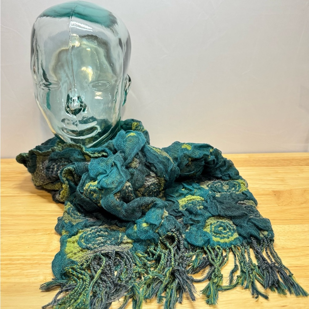Unique Floral Scarf in Blues & Greens, Textured Flowers with Fringe - Picture 6 of 12
